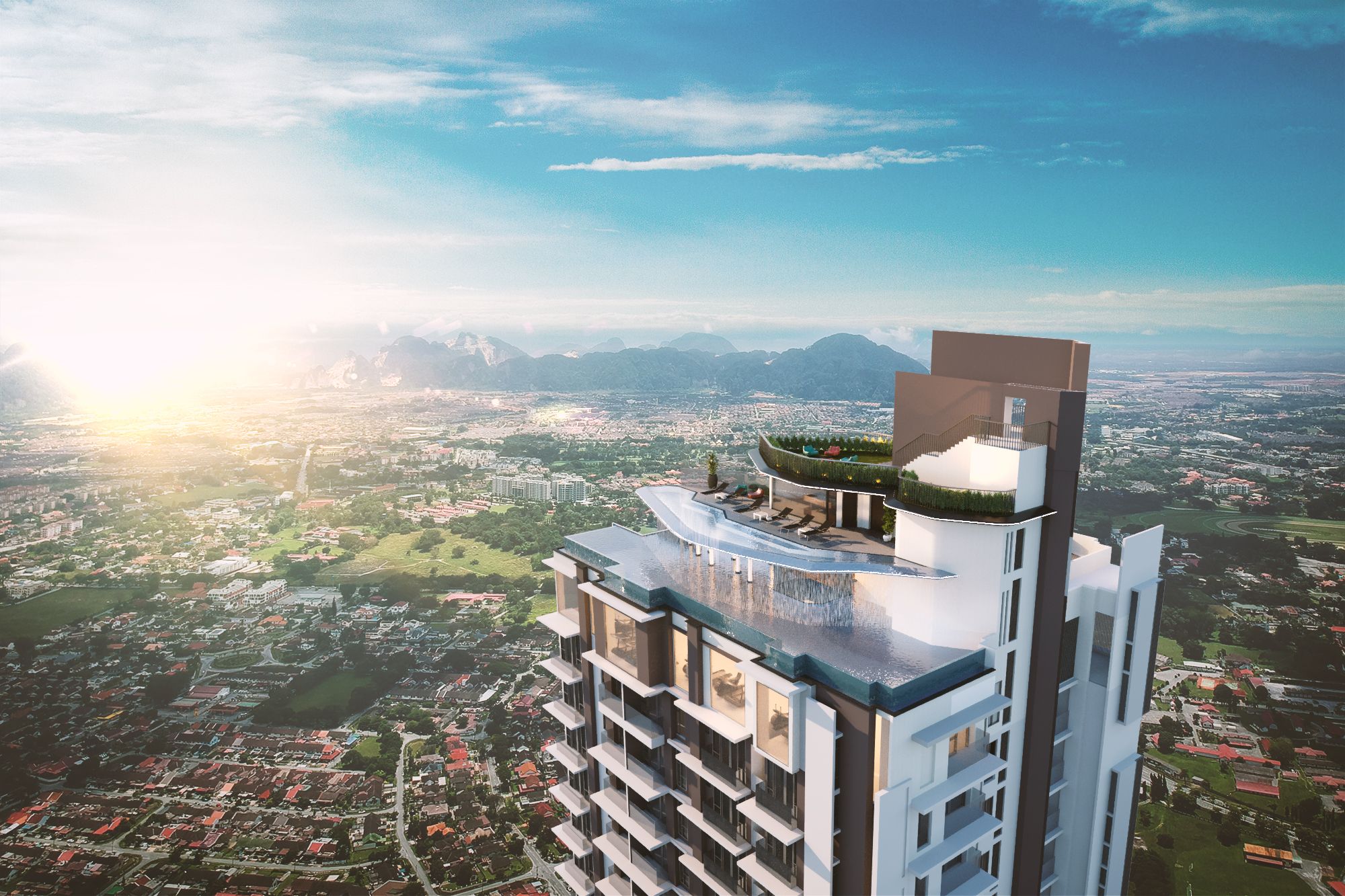 Iria — aerial view of the rooftop with Ipoh mountains in the distance