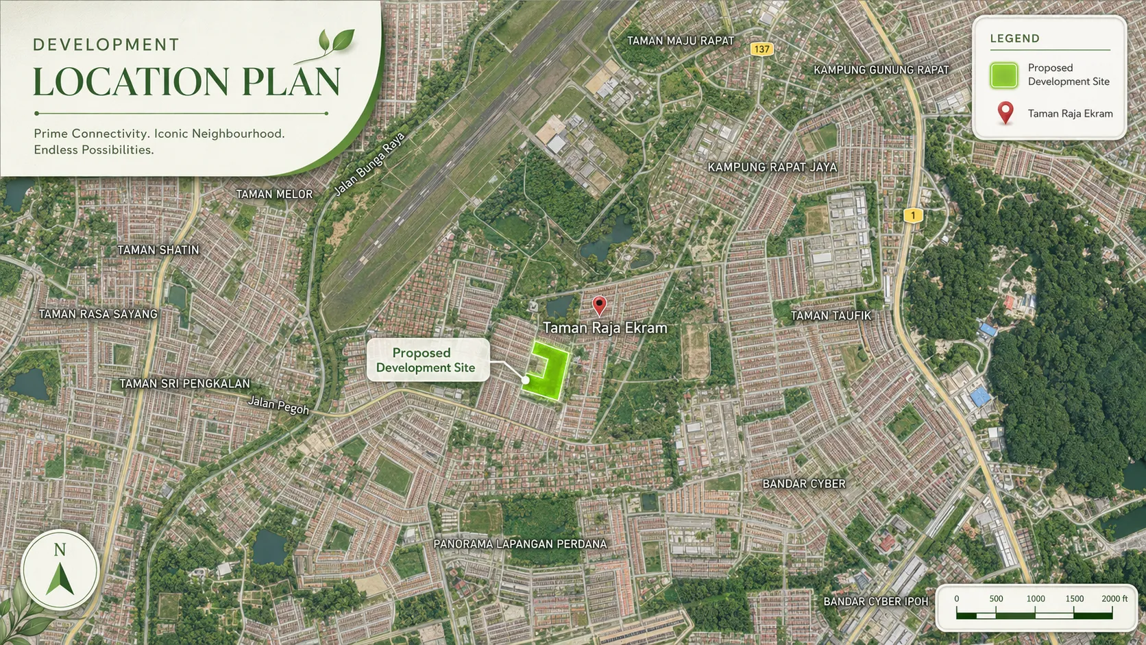 Development location plan — Taman Lapangan Irama site at Taman Raja Ekram, Ipoh, off Jalan Bunga Raya, beside the airfield and within the surrounding neighbourhood grid