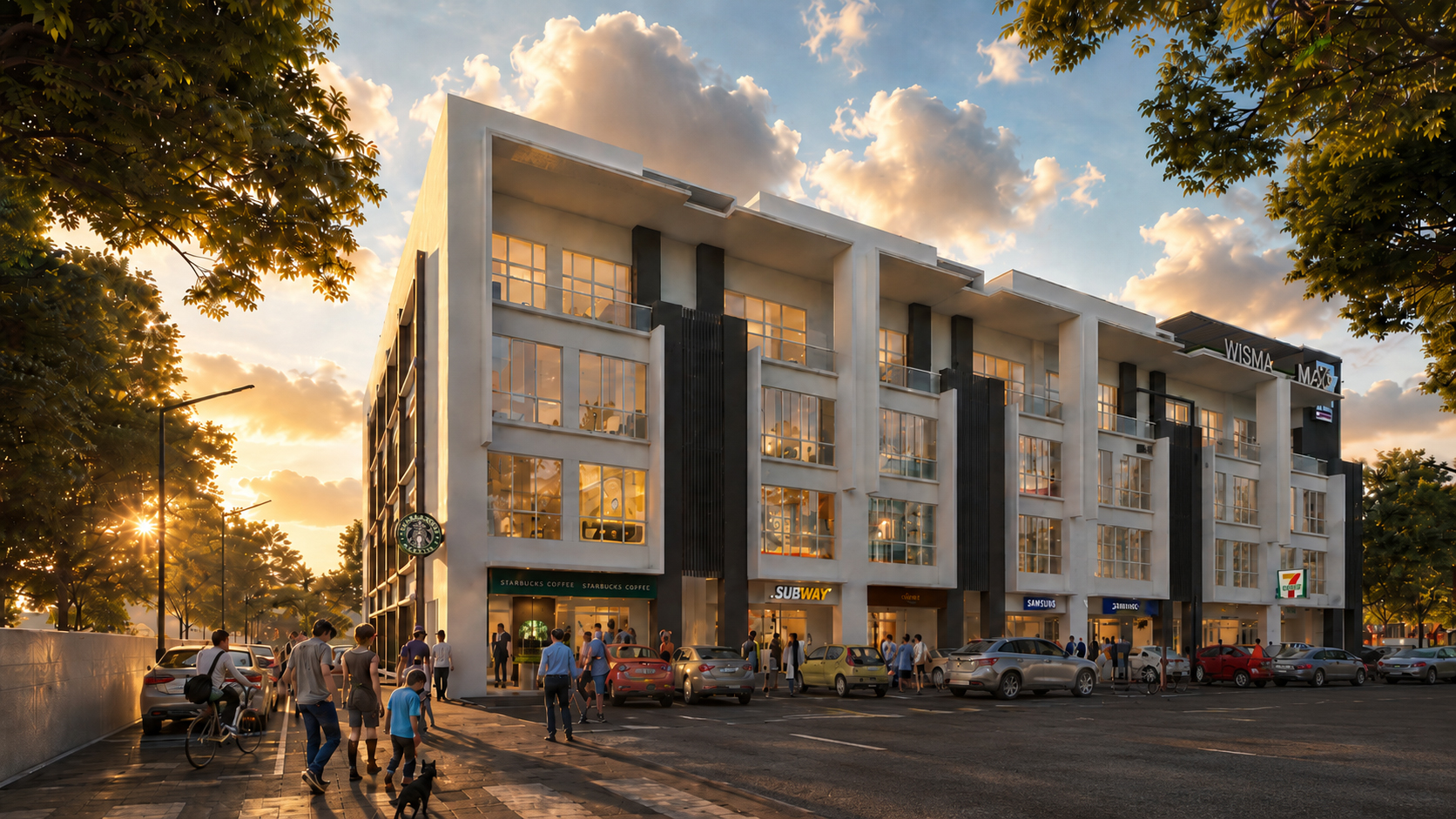 Artist's impression of The Luminara @ Canning at street level — pedestrian frontage with ground-floor retail tenancies and tree-lined edge