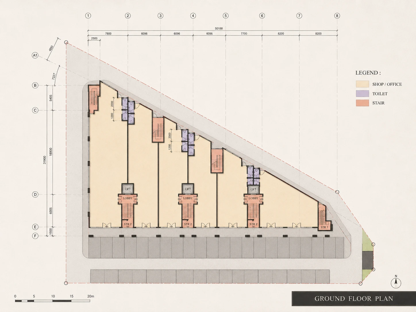 Ground floor plan — triangular site fronting Jalan Kompleks Sukan, six shop lots with three lift cores and a corner stair, parking bays along the frontage. Scale 1:150.